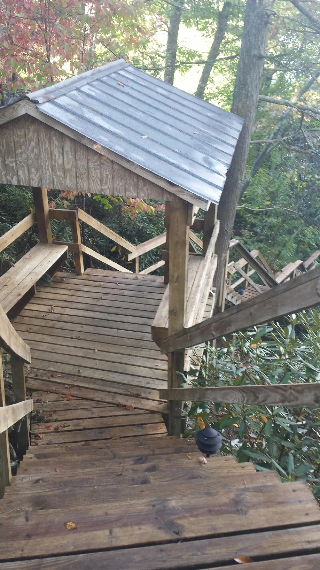 Metal roofed shelter over wooden steps on a wooded walkway — Skylight Repair & Installation work by our crew in Des Moines